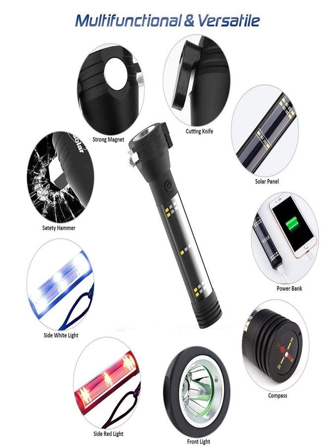 Tip&Top creation مصباح يدوي LED يعمل بالطاقة الشمسية قابل لإعادة الشحن من الألومنيوم من Tip&Top، بسبعة أوضاع إضاءة، مدى شعاع طويل، طاقة عالية، مزود بأداة أمان للطوارئ في السيارة للهروب، مطرقة لكسر النوافذ، قاطع حزام الأمان، بوصلة + كابل USB (أسود) - Image 5